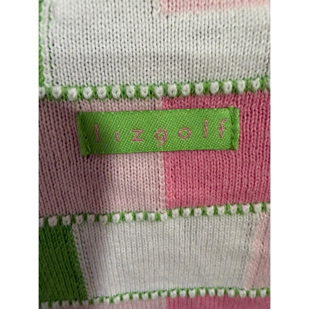 Lizgolf Liz Claiborne Vtg 80s PREPPY Pink Green Checker Knit Sweater Large RARE - Picture 6 of 7